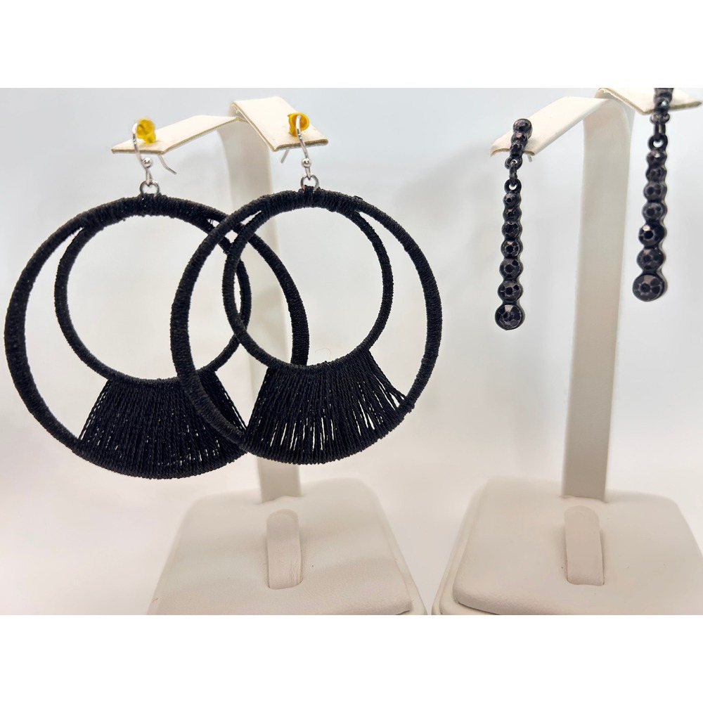 Earring Set Women OS Black Good Thread Wrapped Hoops & Beaded Drops